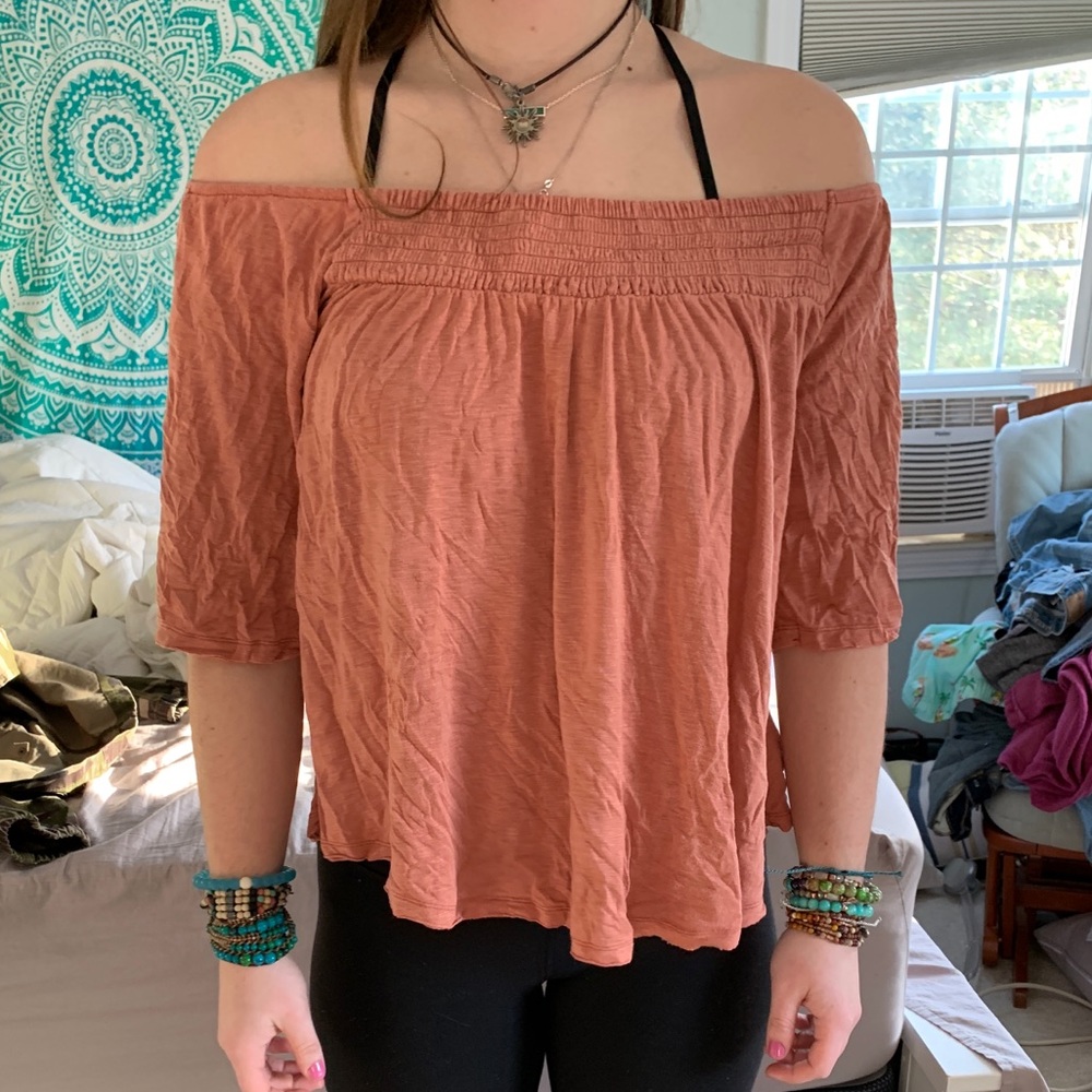 America Eagle peach off the shoulder shirt.